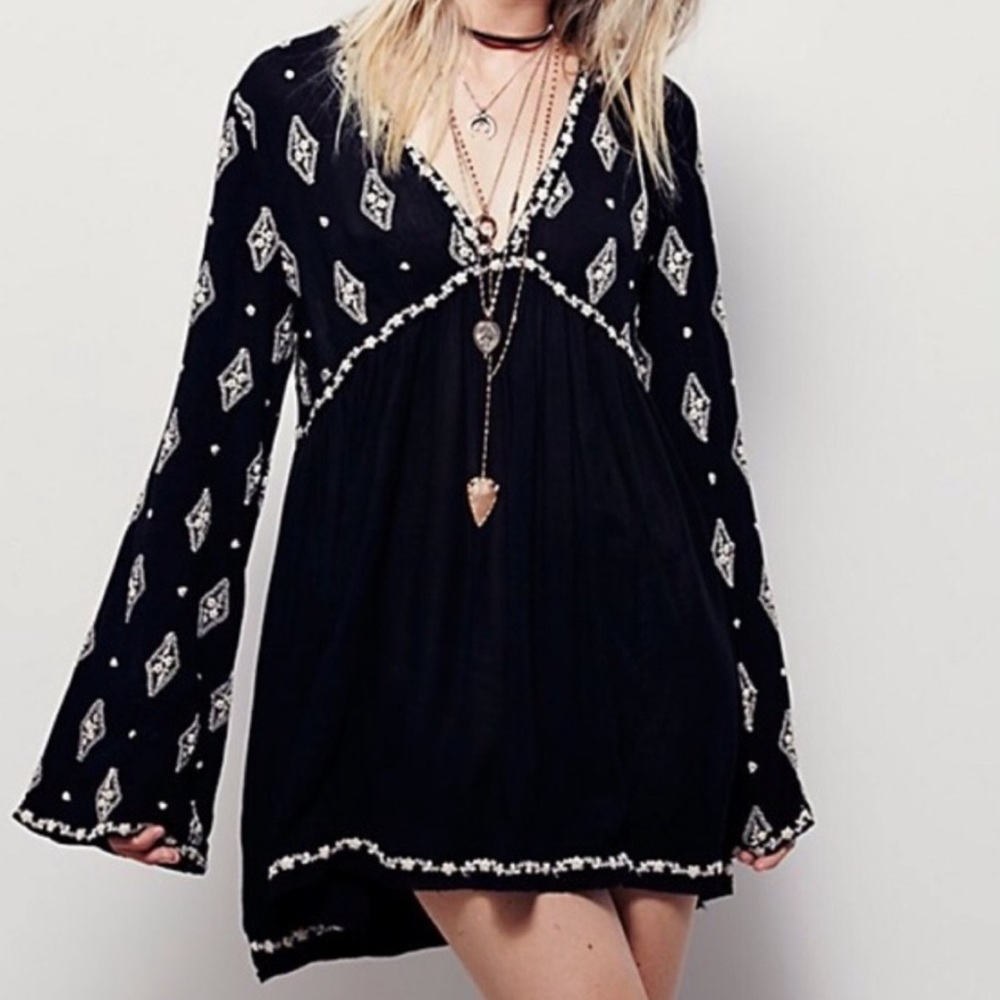 Free People Diamond Embroidered Black Tunic Top